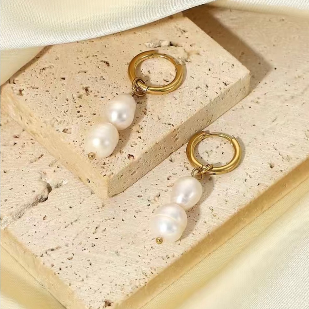 Gold and Pearl huggie drop earrings - Picture 2 of 3